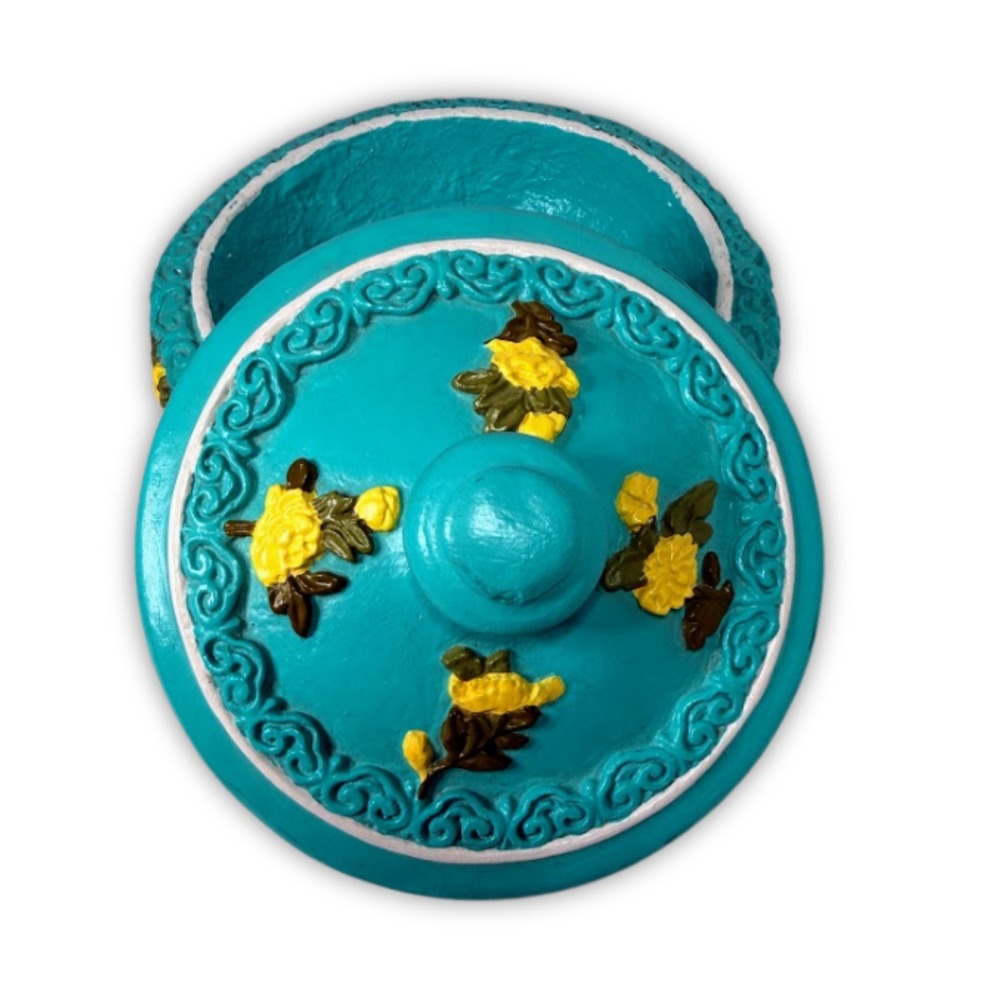 Vintage Turquoise Blue Round Trinket Box Yellow Raised Floral Relief Florentine - Picture 2 of 9